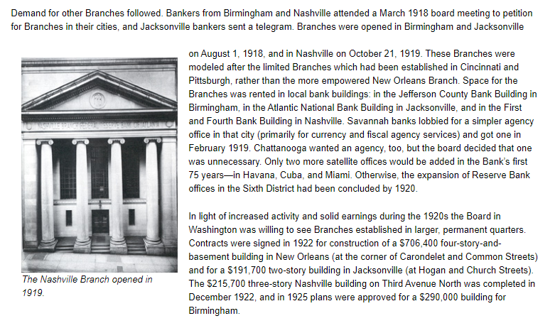 Did you know the 4th branch of the Federal Reserve Bank of Atlanta is in that area too? https://www.frbatlanta.org/about/publications/atlanta-fed-history/first-75-years/the-new-bank-meets-the-world-war.aspx