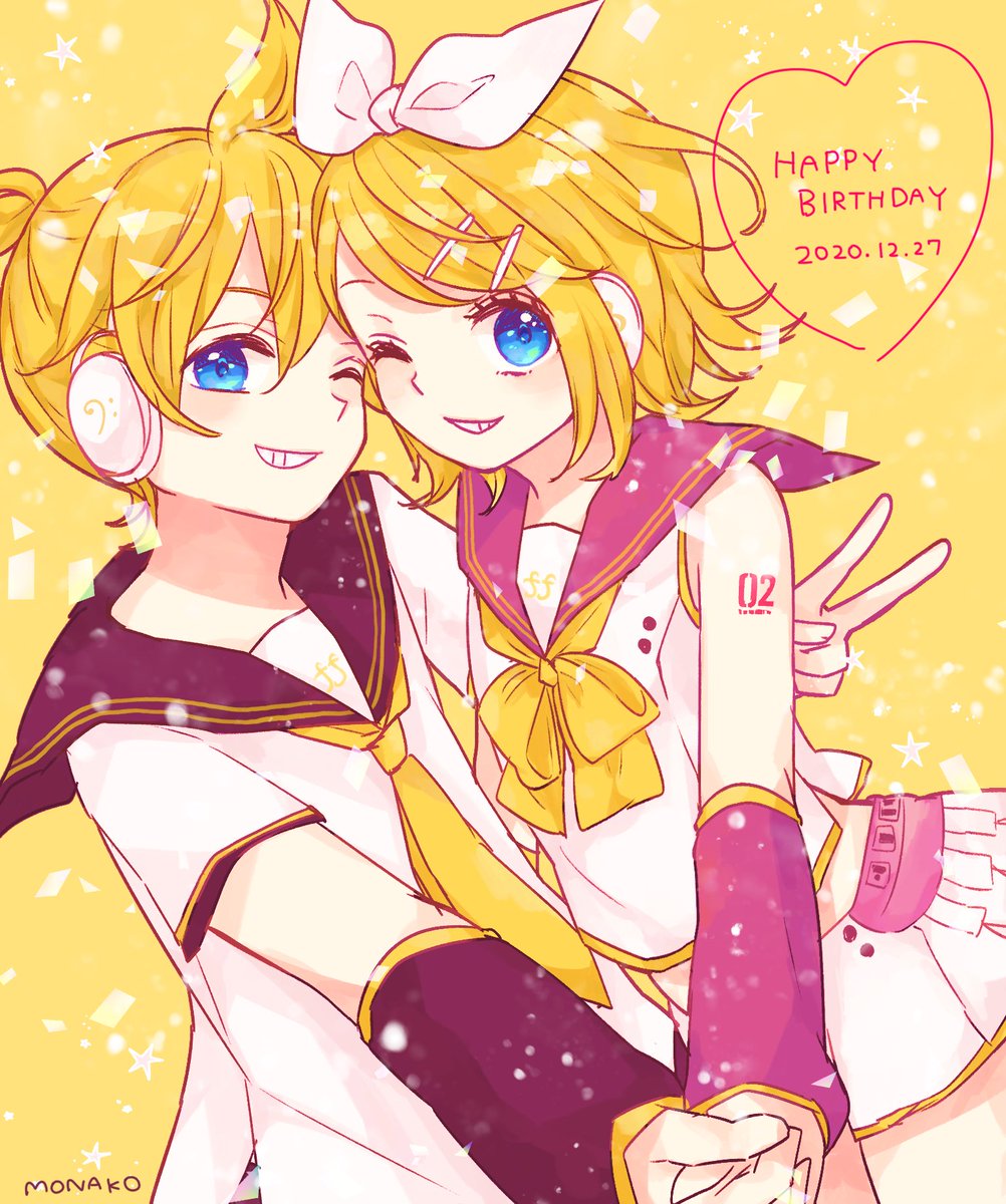 鏡音レン ,鏡音リン 「リンレンおめでとうー!🎉
 #鏡音誕生祭2020
#鏡音13週年 」|もなこのイラスト