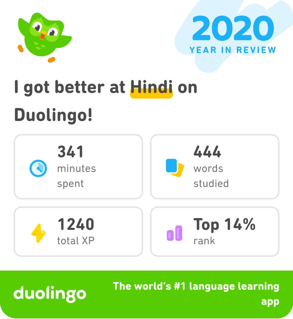 TrishaStudio's tweet photo. I made the most of 2020 by learning Hindi on Duolingo. Check out my progress! #Duolingo365 https://t.co/gduyItLZ9z https://t.co/aoPqNmgZEI