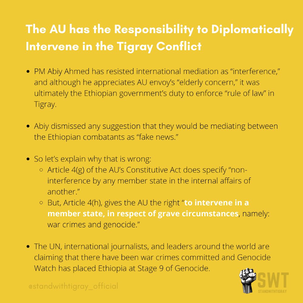  @AbiyAhmedAli resisted mediation as calling it an “interference” and refused to have dialogue with the Ethiopian combatants. Genocide watch has placed Ethiopia on stage 9, extermination.The AU should’ve enacted article 4(h) in these circumstances to protect Ethiopians.