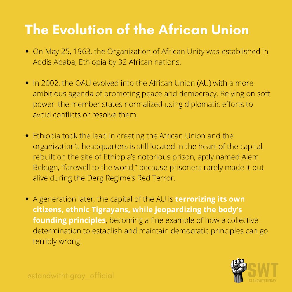 The  @_AfricanUnion was established as an evolution of the OAU in 2002. Ethiopia played a key role in creating the AU and its headquarters is based in Addis Ababa. A generation later, the capital of the AU is terrorizing its citizens jeopardizing the body’s founding principles.