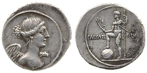 Octavia, sister of Augustus. Oldest coin here. 1st century BCE. CAESAR DIVI, Divine Caesar, with a foot on the celestial globe.