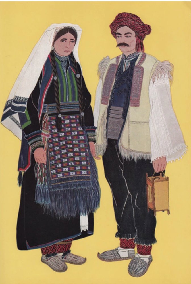 The colours of the pregača are more muted, and no additional ornamentation is added. The oldest variants of Zmijanje costume, unmarried girls wore white zubuni, while married women wore black/dark blue; in the interwar period only the latter became current.(man and married woman)