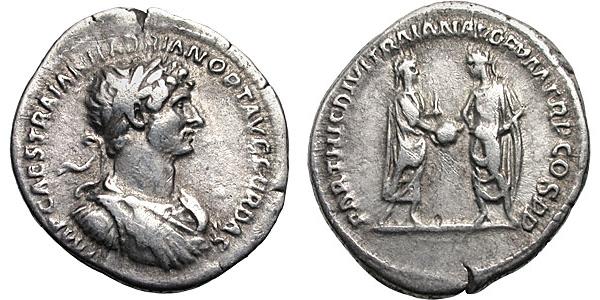 A coin of Hadrian(117-138). This celebrates him as the successor of the Divine Trajan. One is handing the globe to the other.