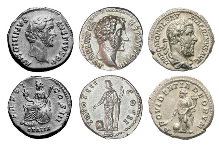 Coins with Antoninus Pius(138-161), Marcus Aurelius(161-180_, and Macrinus(217-218). The goddess Italia sitting on the sphere is the one that sticks out most to me. The bottom right says "Providentia deorum". Providence of the gods, with a goddess and cornucopia.