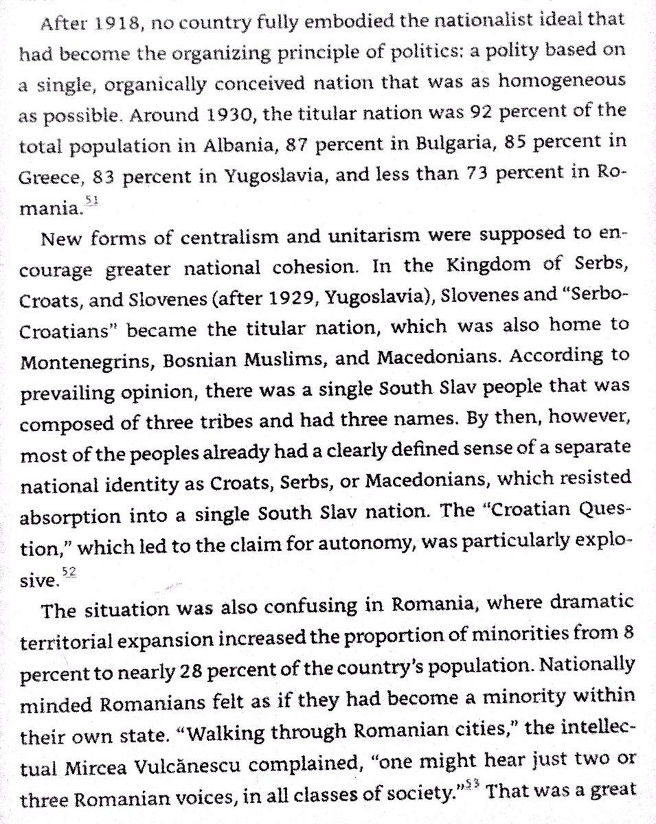 Serbs united Yugoslavia under the principle of a single South Slavic people comprised of three tribes - Serbs, Croats, & Slovenes. Romanian territorial gains left her only 73% Romanian, with some of her cities dominated by foreigners.