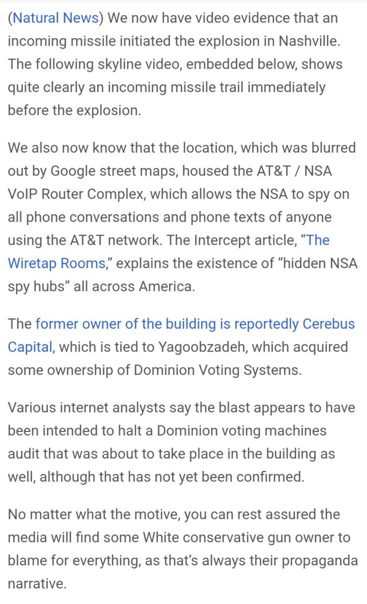 NASHVILLE EXPLOSION WAS A MISILE ATTACK FROM AN AIRCRAFTNashville explosion was actually a missile strike, and the target was the AT&T / NSA hardened switching facility “spy hub”