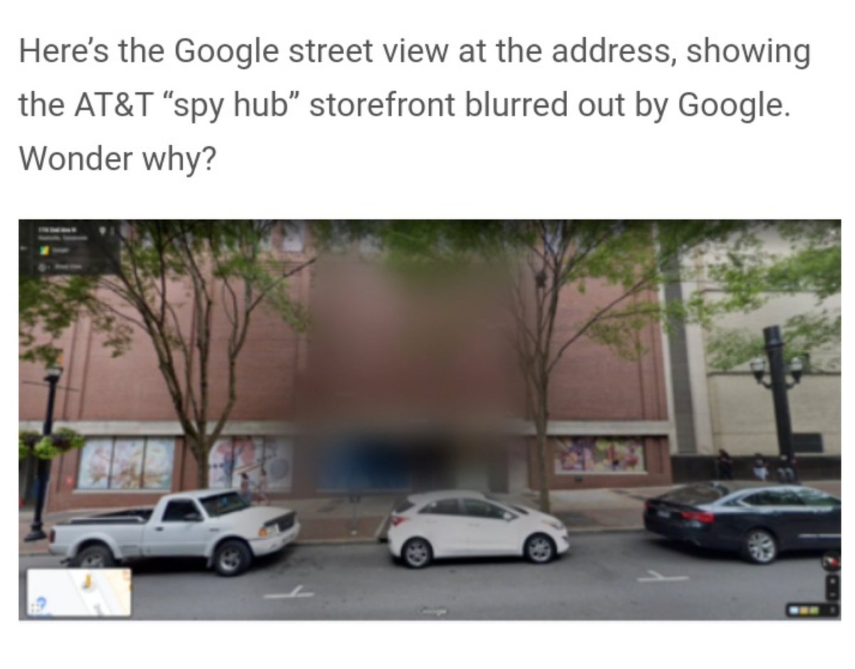 Here’s the Google street view at the address, showing the AT&T “spy hub” storefront blurred out by Google. Wonder why?Evidence gathered by the NSA on Dominion Election Theft was the target