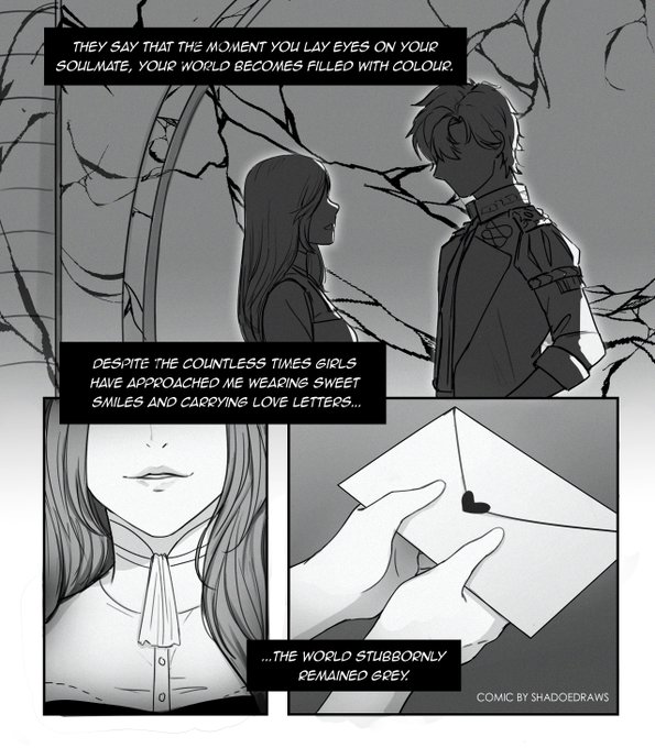 Here's my #sylvixsanta2020! It's been a while since I've done a simple comic and I love soulmate AUs so this was fun ❤️ 

[Part 1/2] (continued in thread) 