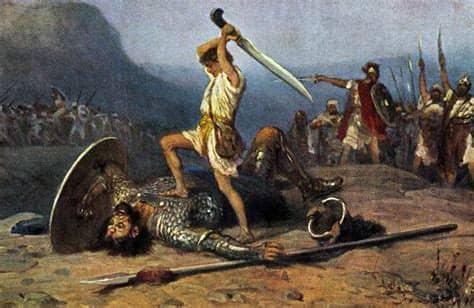 "So David prevailed over the Philistine with a sling and a stone...But there was no sword in the hand of David. Therefore, David ran and stood over the Philistine, took his sword and drew it out of its sheath and killed him, and cut off his head with it."