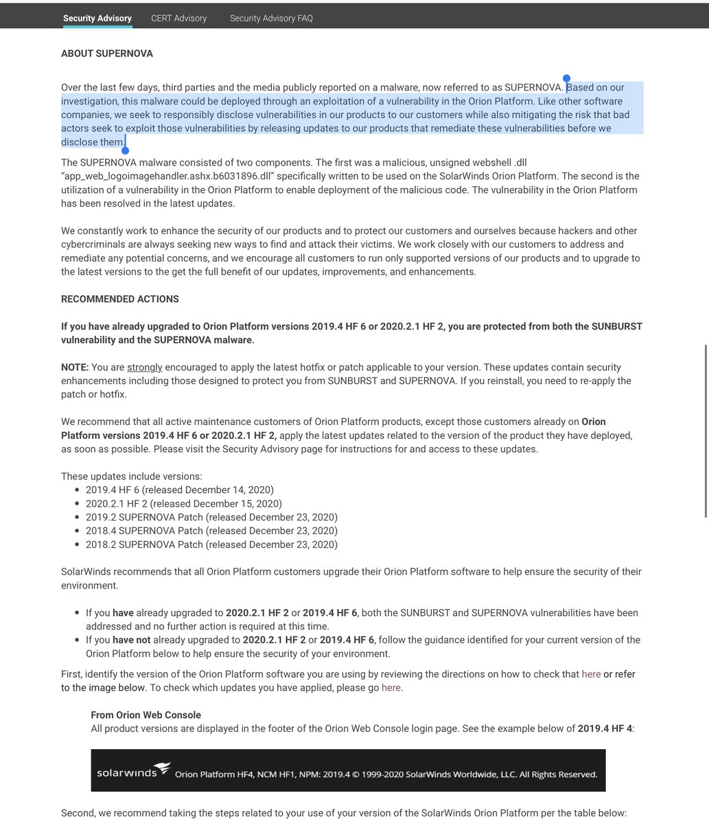 SUPERNOVA-1st malicious unsigned webshell .dll “app_web_logoimagehandler.ashx.b6031896.dll” specifically written to be used on the SolarWinds Orion-2nd utilization of a vulnerability in the Orion Platform to enable deployment of the malicious code https://www.solarwinds.com/securityadvisory#anchor2