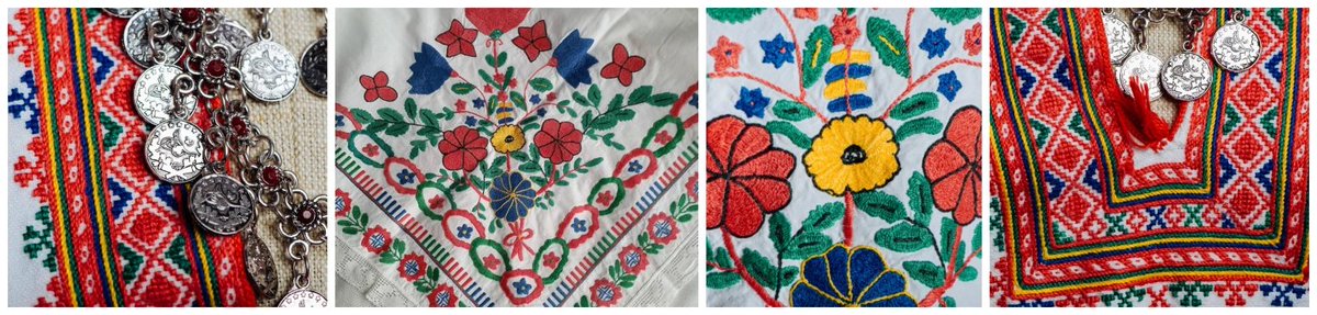 Maiden costumes were the most noticeable, with brightly colored embroideries, mostly red, symbolizing reproductive power of women, their youth and beauty. (Embroidery details from košulja and bošča, Šipovo.) (left, Zmijanje, detail of lizdek. Centre & right, details of pregača.)