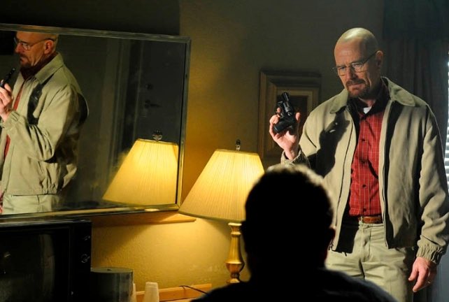 One of the interesting things about “Breaking Bad” is how Walt’s efforts to make himself appear conventionally masculine - buying a gun to shoot Gus, stepping to Mike at a bar - always make him seem smaller and sillier.It’s his brains and his science that keeps him afloat.