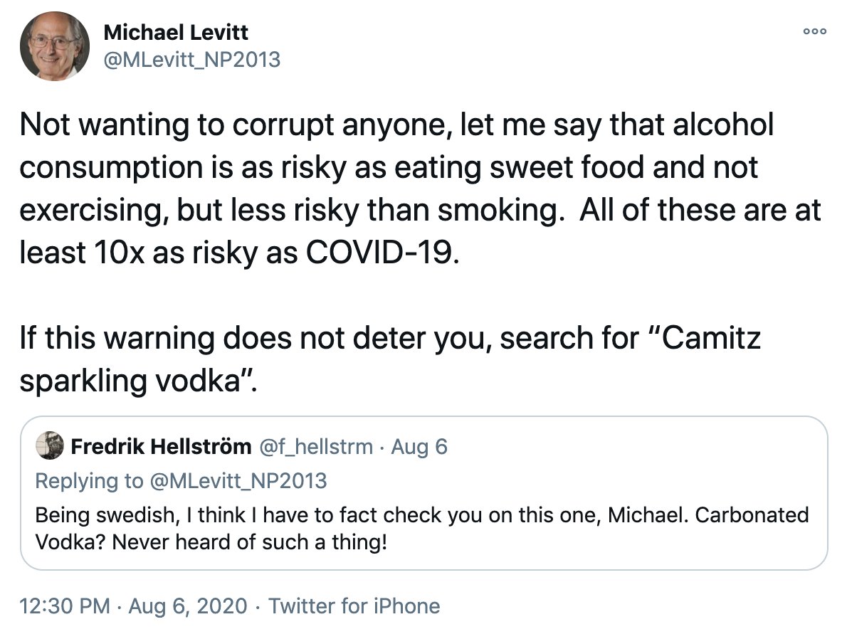 First and foremost, Dr. Levitt has a flawed understanding of risk. He compared the risk of the COVID pandemic to the risk of alcohol, bad diet, and tobacco: https://twitter.com/SafaMote/status/1292589507066368002?s=202/