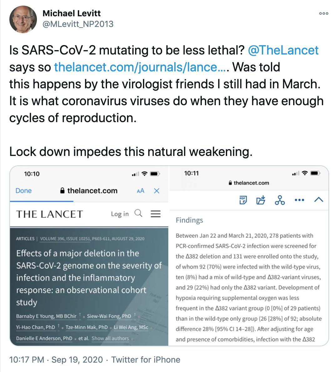 On Sept 19, Levitt suggested that if we had allowed the coronavirus to spread freely, its lethality could have been reduced.He was clearly spewing disinformation, leading to additional avoidable infections and deaths. https://twitter.com/SafaMote/status/1307804598707646464?s=205/