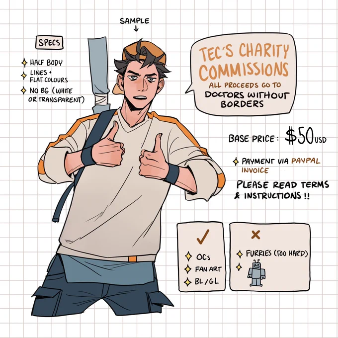 Hello hello, charity comms coming through! Everything goes to Doctors Without Borders/Médecins sans frontières. Opening 5 slots total (sorry, I would do more but I am very lazy). These are NOT via ko-fi so please DM if interested :) 