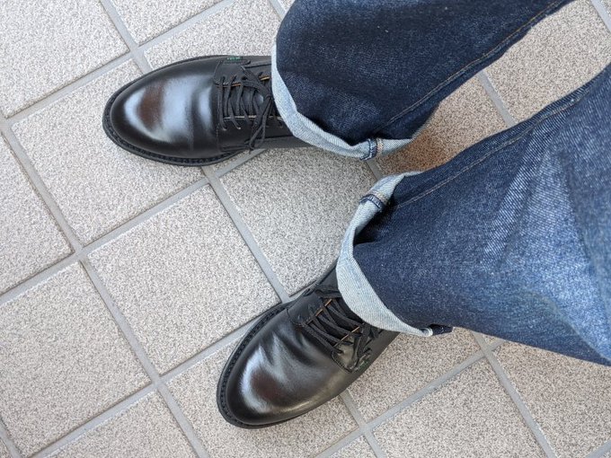 こういうのあまり上げないんだけどたまには。黒いのがつい先日買ったポストマン。茶色のが10年近く前に購入して履いてなくて全く育ってないホワイツのセミドレス。頑張って二足とも育てるんだぜ。 