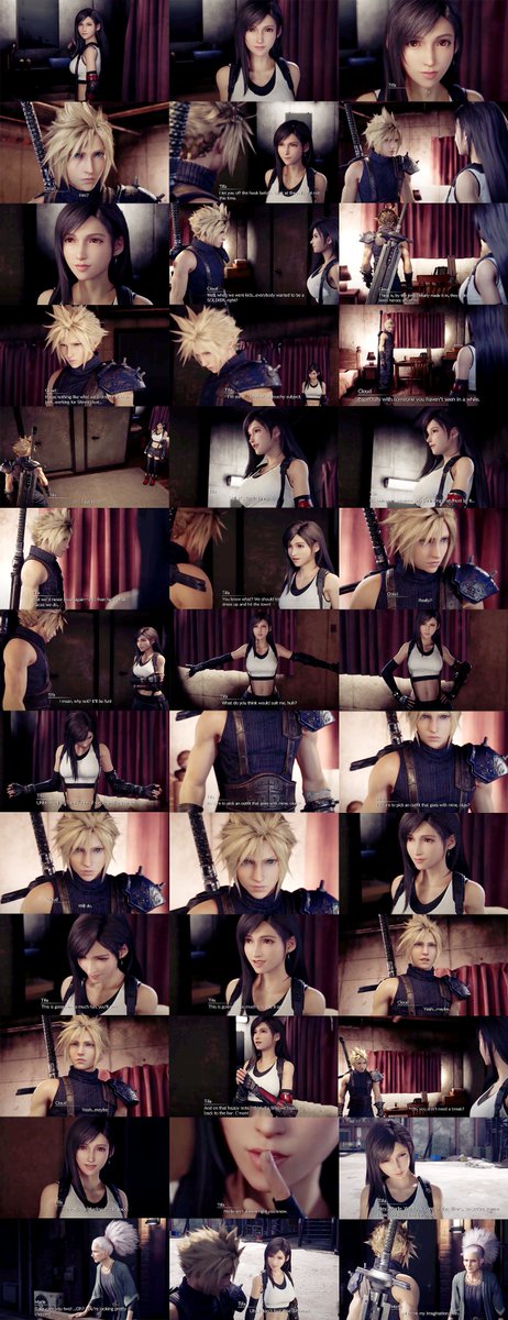 New to FF7R: when Cloud meets Tifa in her apartment, named 'Alone At Last', the 2 have a very intimate moment with Cloud talking about what has been up to. Then Tifa suggests they go on a date that night, insisting Cloud wears something to match her & he happily agrees 