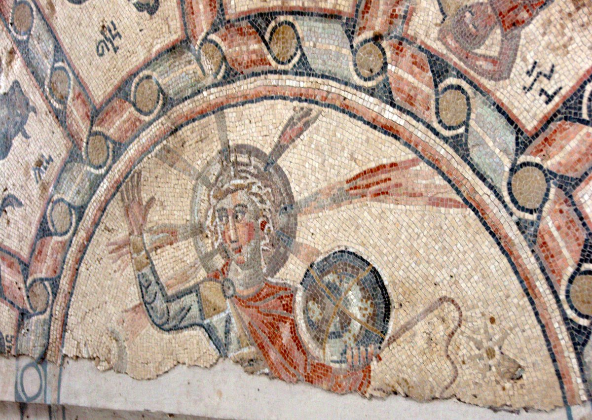3rd-4th century mosaic. The Sun God Sol. He is holding the sphere of the heavens in his hand. What makes this notable is that this is from a Jewish synagogue. I could have said this was Jesus, and people would definitely believe it.