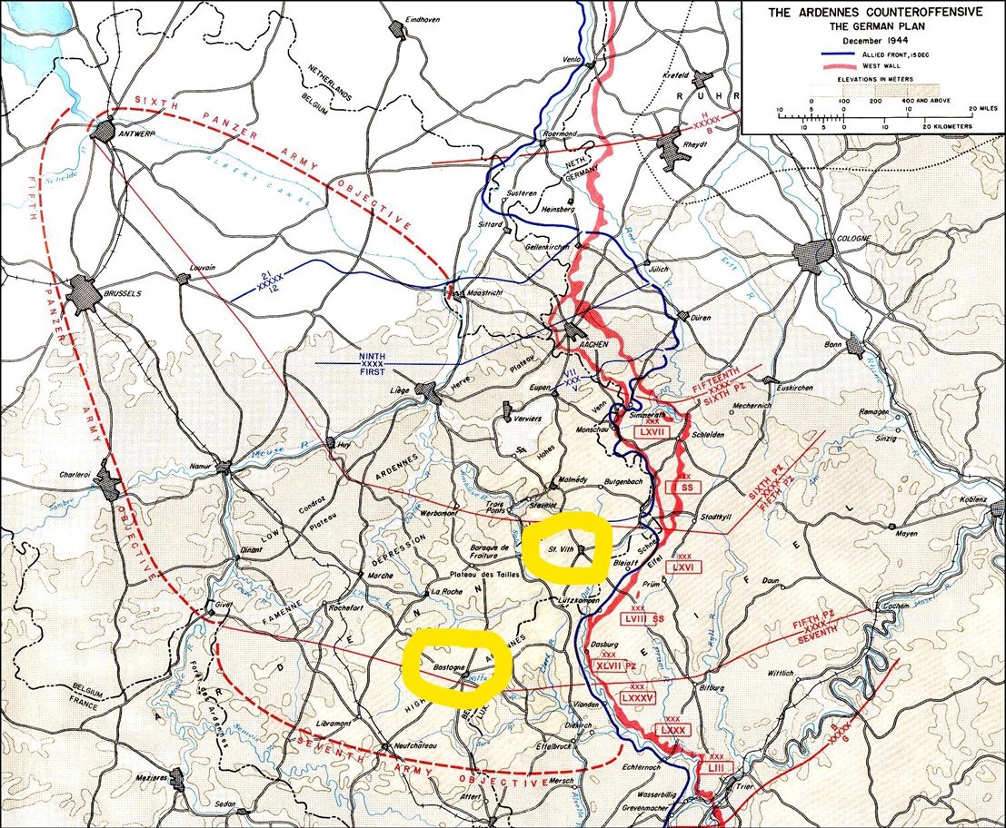 There are two key travel centers in the Ardennes: one at St. Vith and one at Bastogne. Most people think of Bastogne when they consider the Battle of the Bulge, but it was actually St. Vith that held significantly greater importance. But we’ll talk about Bastogne for now.