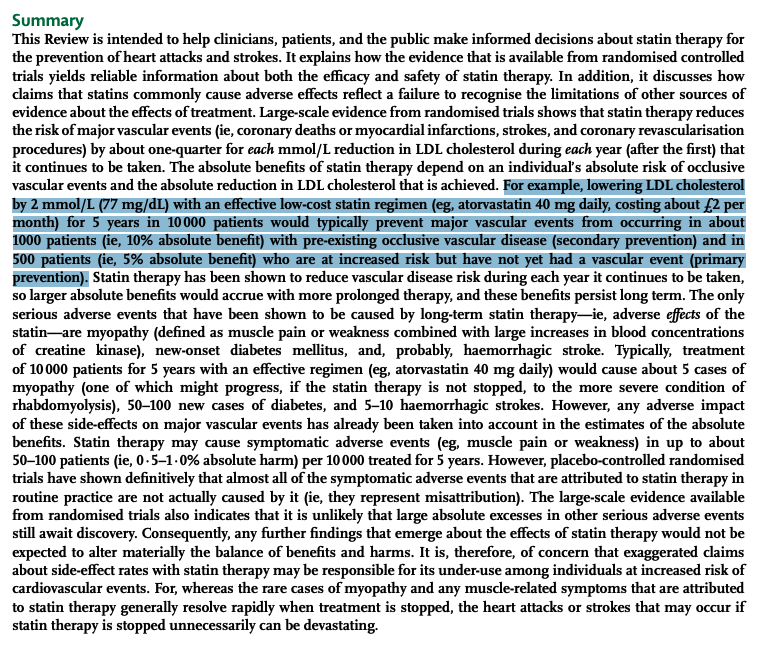 Lowering LDL cholesterol by 77 mg/dL with an effective statin regimen for 5 years would typically prevent major vascular events from occurring in one-in-ten with pre-existing disease and in one-in-twenty at increased risk without an event. These benefits increase over time.2/n