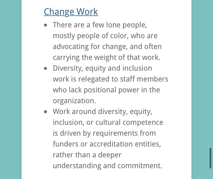 This could also say that those doing change work are targets of retaliation and/or fear potential retaliation; are given the task of doing this work, but then gaslit for doing it “incorrectly”; and are told to make recommendations that are then not supported. 2/2