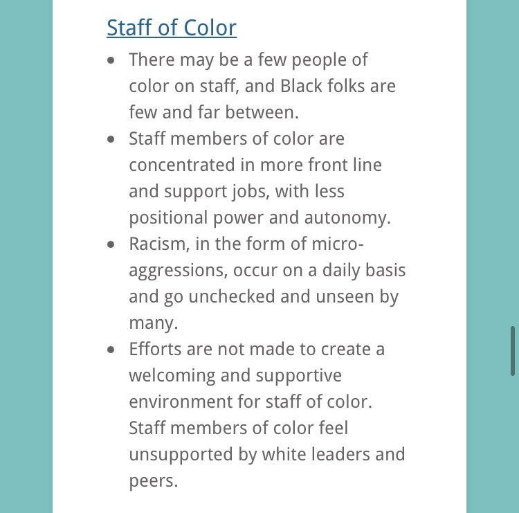  #socialwork programs that truly want to be antiracist need to take a critical self-reflective look.  #SocialWorkTwitter This article matches so much of my thoughts of the school of social work where I last worked. 1/2 http://www.mayenoconsulting.com/wordpress/seeing-and-naming-racism-in-nonprofit-and-public-organizations/