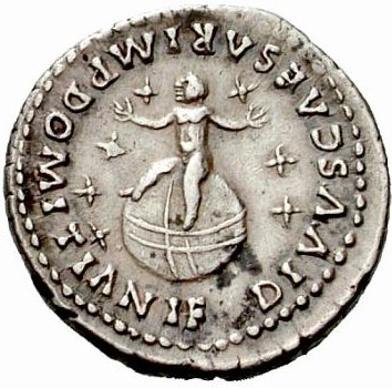 This is a coin of the emperor Domitian(81-96). The figure sitting on the left is his son, sitting on the cosmic orb with the 7 planets. This commemorates the deification of his dead son. Domitian enrolled several of his family members into the official imperial cult.