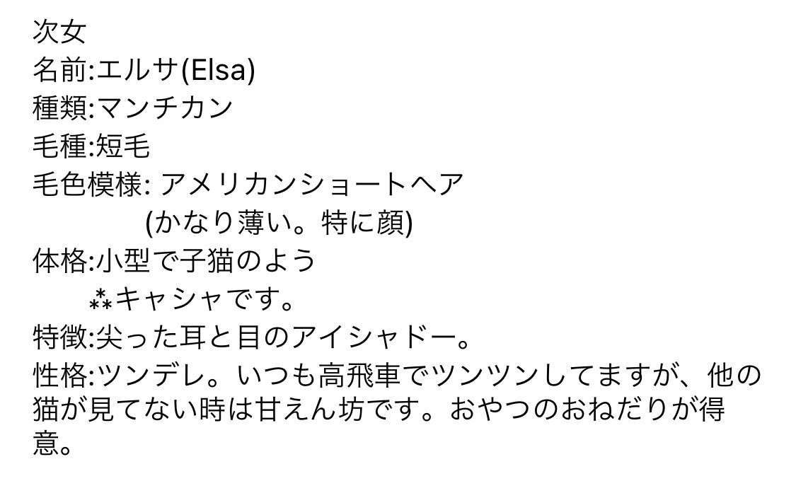 You Mofu 次女 エルサ 種類 マンチカン 毛種 短毛 毛色模様 シルバータービー 体格 小型で子猫のよう キャシャです 特徴 尖った耳と目のアイシャドー 性格 ツンデレ 高飛車でツンツン 他の猫がいない時甘えん坊 おやつのおねだりが得意