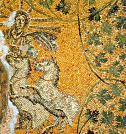 Here is an early Christian depiction of Jesus as the Sun God. In the 4th century, Christian art was retooled pagan art. Patronized by Constantine and his successors at first. Constantine himself worshiped Sol Invictus.