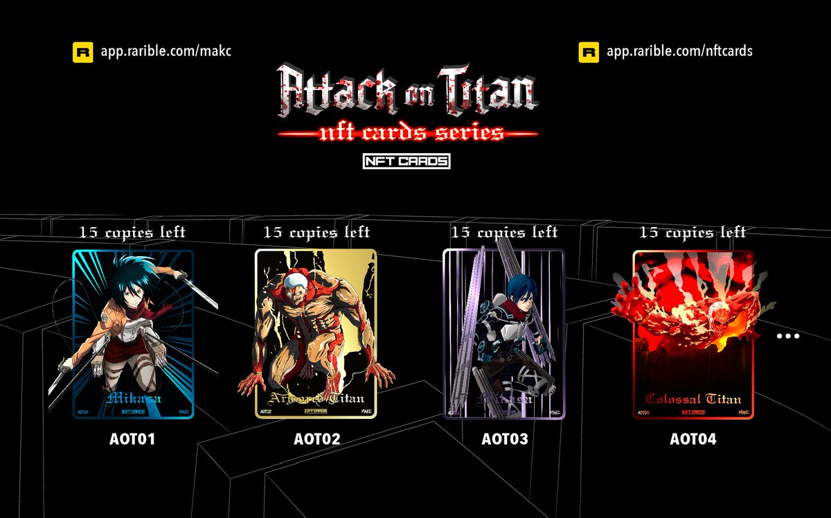 AOT Series ...

app.rarible.com/nftcards/onsale

#ShingekiNoKyojin #SNK #AttackOnTitan #AOT #進撃の巨人 #NFT #NFTcards #NFTart #Rarible