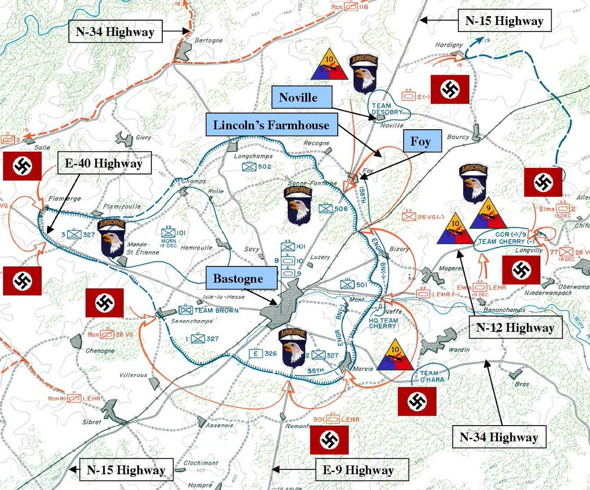 Near Bastogne, Patton’s 9th Armored Division and 10th Armored Division had elements that were by now also surrounded by Germans.