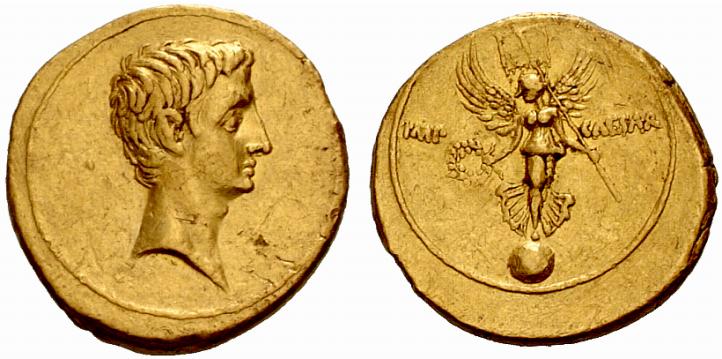 More simple gold coins of Vespasian and Augustus and Nero(1st century or earlier). They are victory commemorations with Victoria standing/sitting on the globe. But they are simpler, so no X.