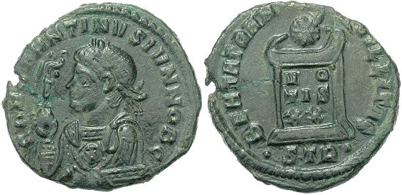 Constantius coin, altar and globe can be seen. Altars commonly appear on Roman coins, an that is a typical Roman one. Christian symbolism starts to be seen on some coins at this time, too. Usually the Chi-Rho.