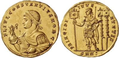 Constantine II coins. He is holding the celestial sphere with Victoria standing on top of it. Much like Jupiter.