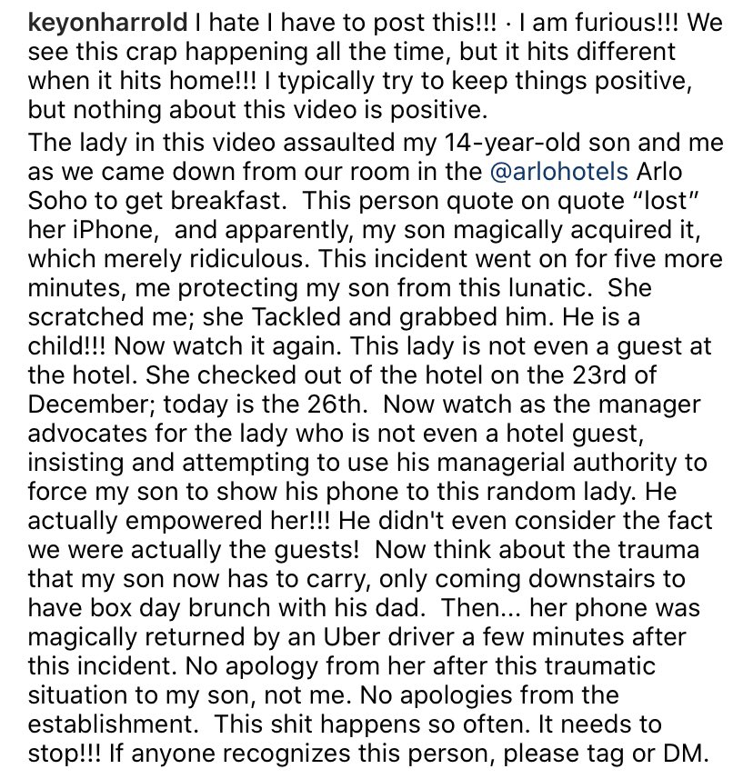 The phone was returned by an Uber driver a few minutes later. This happened at @ArloHotels in SoHo. The only thing this young man did was walk into a hotel lobby while Black. It is unacceptable to legitimize this woman's racist accusations. Full story: instagram.com/tv/CJR6LviHFkd/