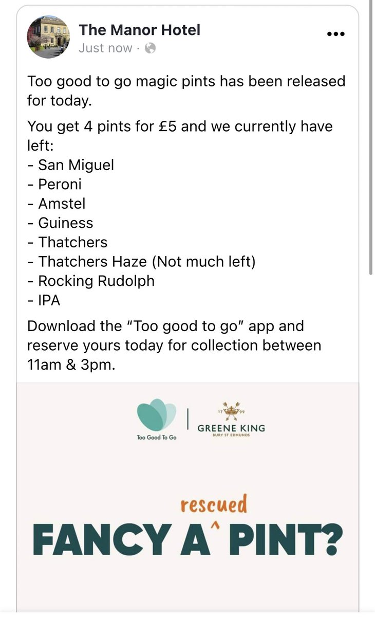 Save our beer! £5 for 4 pints. Download the “Too good to go” app to get yours. #yeovil #beer #lager #pints #manorhotel