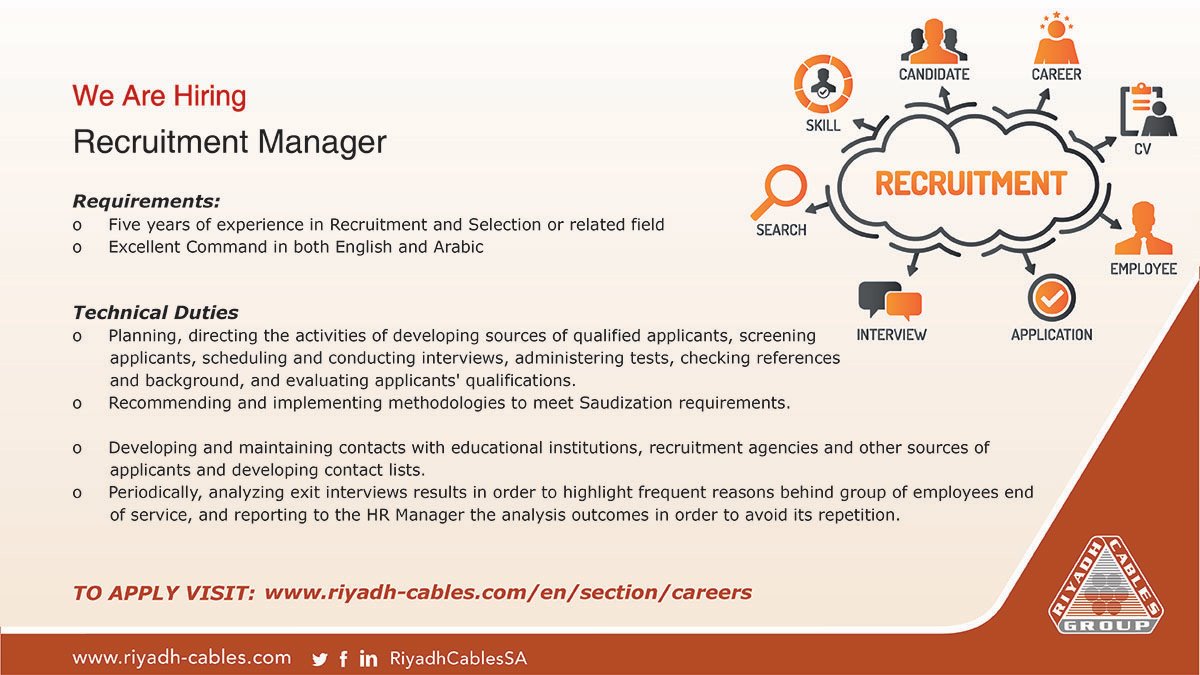 RiyadhCablesSA's tweet photo. We are #Hiring Recruitment Manager,
Requirements:
Five years of experience in Recruitment and Selection or related field
Excellent Command in both English and Arabic
#Hiring #HR_Manager #RiyadhCables #Jobs #HR https://t.co/p6rHUFyVml