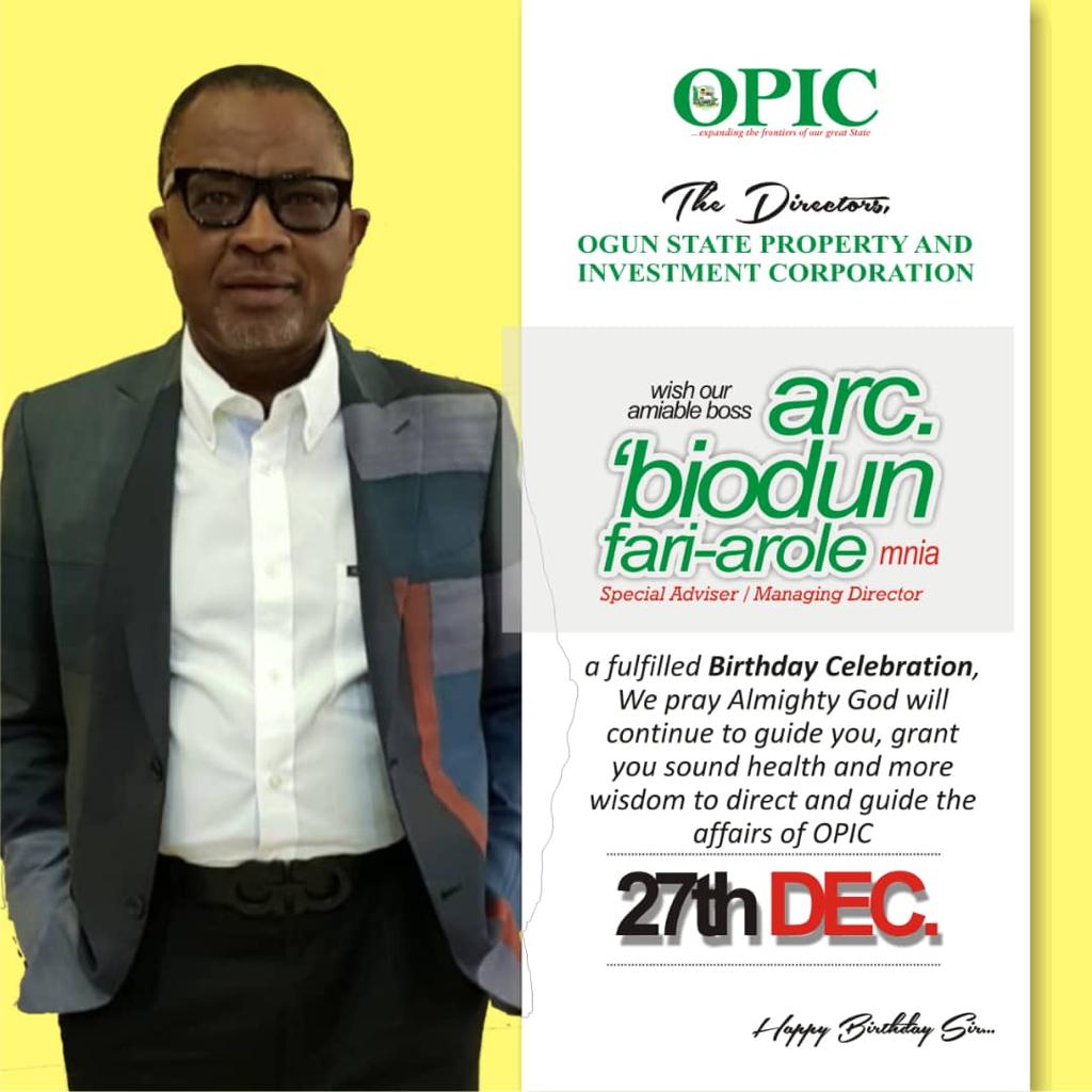 officialopic's tweet photo. A happy and a joyful birthday to Our Managing Director, Arc. Abiodun Fari-Arole MNIA.

As your days, so shall your strength be sir.
Thank you for being a blessing and a wonderful leader.
#opic #birthdays #happybirthday https://t.co/WR64LxFZHg