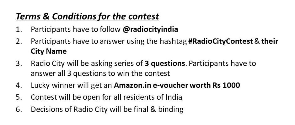 radiocityindia's tweet photo. #BirthdaySpecialContest
On the occasion of Salman Khan's birthday we bring you a fun contest, lucky winners will get an opportunity to win @amazonIN  voucher. Check out the T&amp;Cs given in the image. Q1. coming up at 2.45 pm #RadioCityContest https://t.co/jeqL4sEgFC