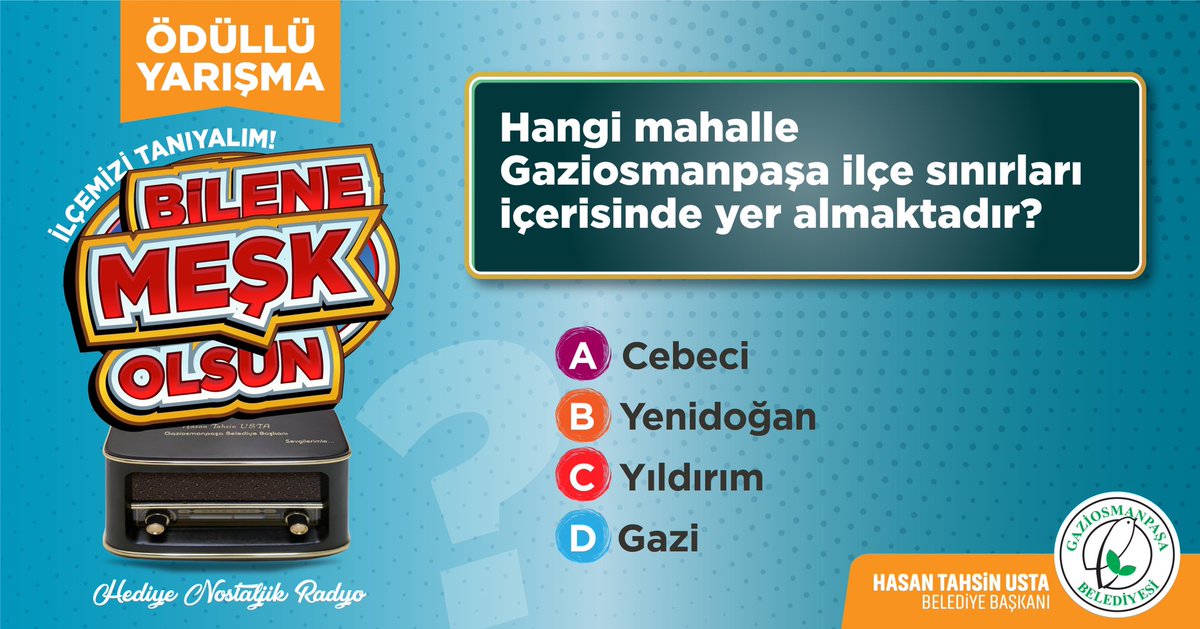 ÖDÜLLÜ YARIŞMA 🎁

✔️ Doğru cevabı yoruma yaz 
👍🏻 Gönderiyi beğen ve rt yap
👤 3 arkadaşını etiketle
✅ Sayfayı takip et
📻 Ödülün sahibi sen ol

📌 Çekiliş 28 Aralık Pazartesi 21:00’da açıklanacaktır.

#BileneMeşkOlsun