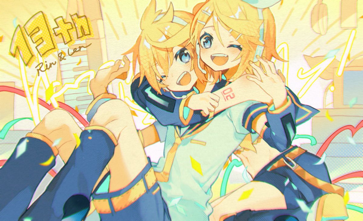 kagamine len ,kagamine rin 1girl blonde hair 1boy one eye closed leg warmers shorts hairclip  illustration images