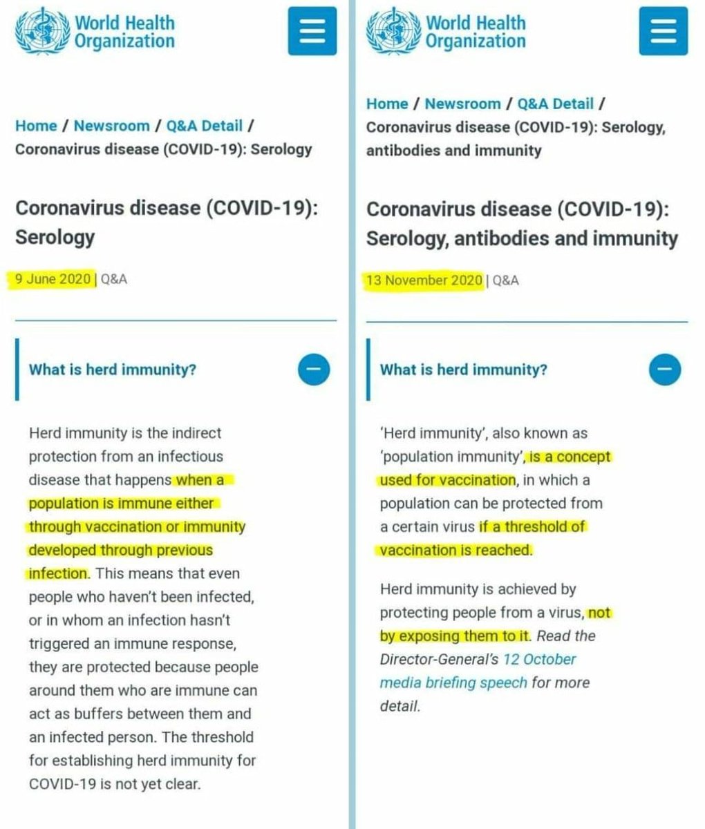 WHO is lying (no question) Contrast the WHO's June 2020 definition of herd immunity to November. Via @Charlotte3003G: 'The WHO rewrote scientific and medical history on the definition of immunity to suit the pharmaceutical industry.'