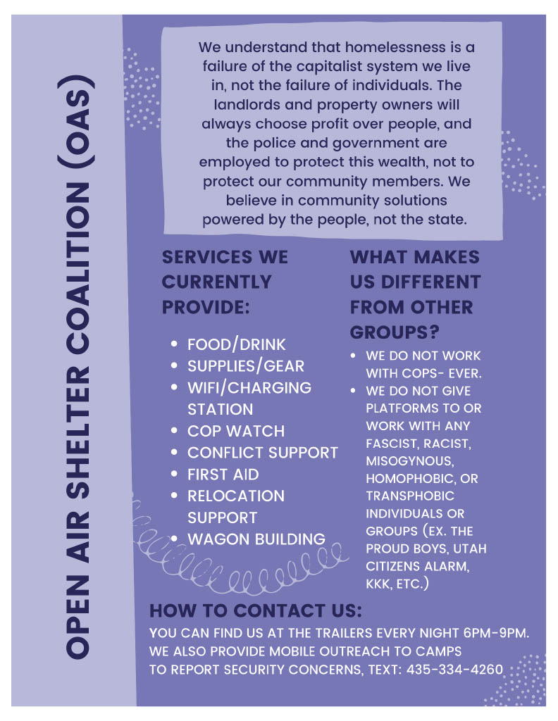 Open Air Shelter is a winter survival program supported by a coalition of groups and individuals that offer solidarity to our neighbors experiencing homelessness while building, occupying and holding community space, demonstrating what sustainable collective-power and --