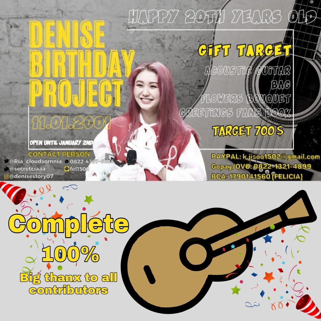 denisestory07's tweet photo. Thanx to All contributors... 
Denise birthday project is 100% complete
Please support us more till 11 jan
Hope everything will run smoothly n fine... 
@5ecretNumber
#Denise #denisebirthday #SECRET_NUMBER https://t.co/VuTg5fnDQj