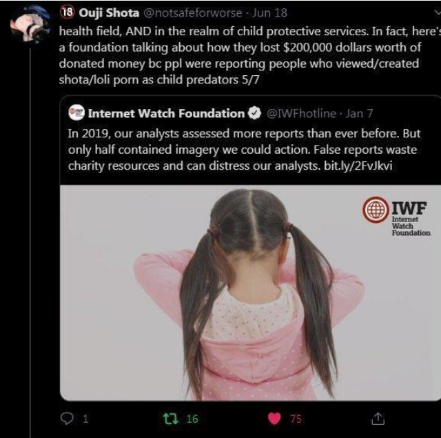 the document contains screenshots of some thread about how loli/shota isn't legally defined as child sexual exploitation material and the thread claims this article says a charity wasted $200k total bc people reported loli/shota shit that isn't legally actionable...
