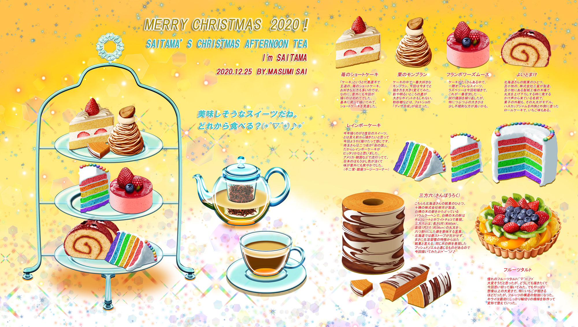 彩ますみ Masumi ケーキスタンドに乗せると 見えにくくなってしまうスイーツがあるってことでこうして作った スイーツ 図鑑 図鑑はなんでも大好きで 来年以降も都道府県たちとスイーツを描いていきたいです 次回は今年一年の絵の総集編です