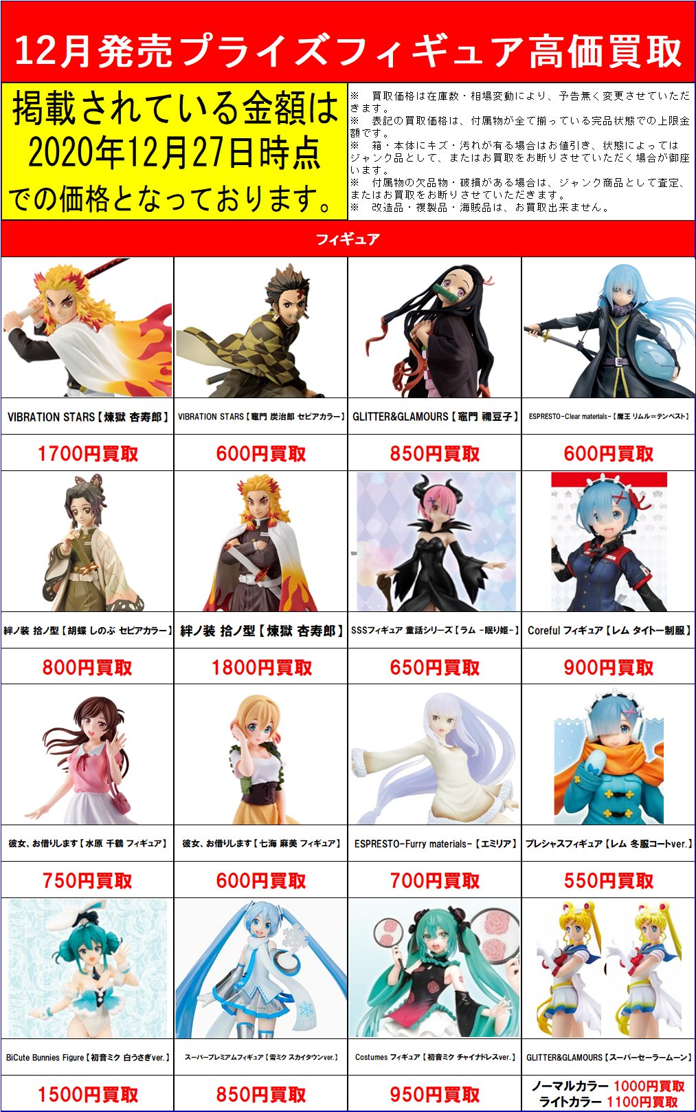 ゲームステーション本厚木店 10 12月登場のプライズフィギュアの買取価格表を更新いたしました 絆ノ装 拾ノ型 煉獄杏寿郎 1 800買取 など 鬼滅の刃フィギュア高価買取中でございます リストにないフィギュアもお買取りしておりますので お売り
