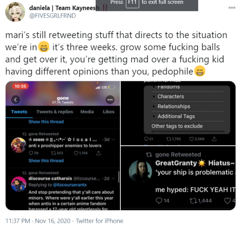 just want to point out that if this mari person is actually retweeting these tweets in response to this kid vaguing them over shipping bs that the "anti x proshipper" one you can see in this screenshot is actually INCREDIBLY fucking weird and inappropriate