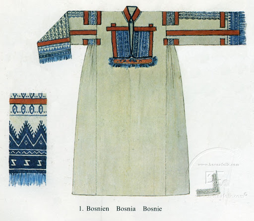 on the bodice, two paired panels called krpice. at the shoulder seams, prerukavlje. on the sleeve hem, zarukavlje. occasionally, the skirt hem, skuti. and the collar: kolijera. This arrangement is also typical in the northern Dalmatia, which speaks to the migrations of the Serbs.
